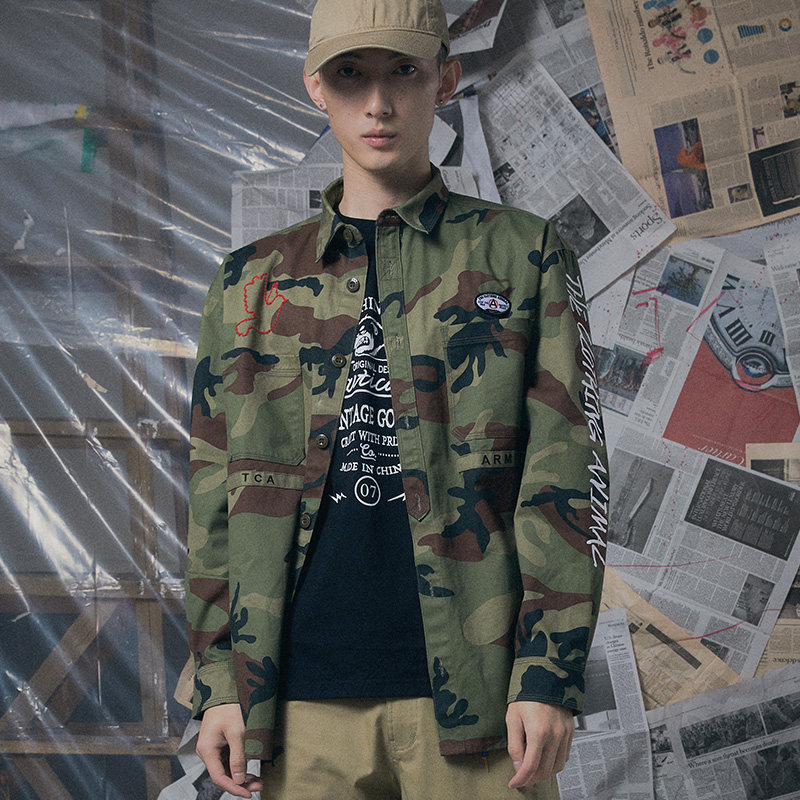 tca春季新款军事迷彩工装衬衫休闲潮流免烫衬衫