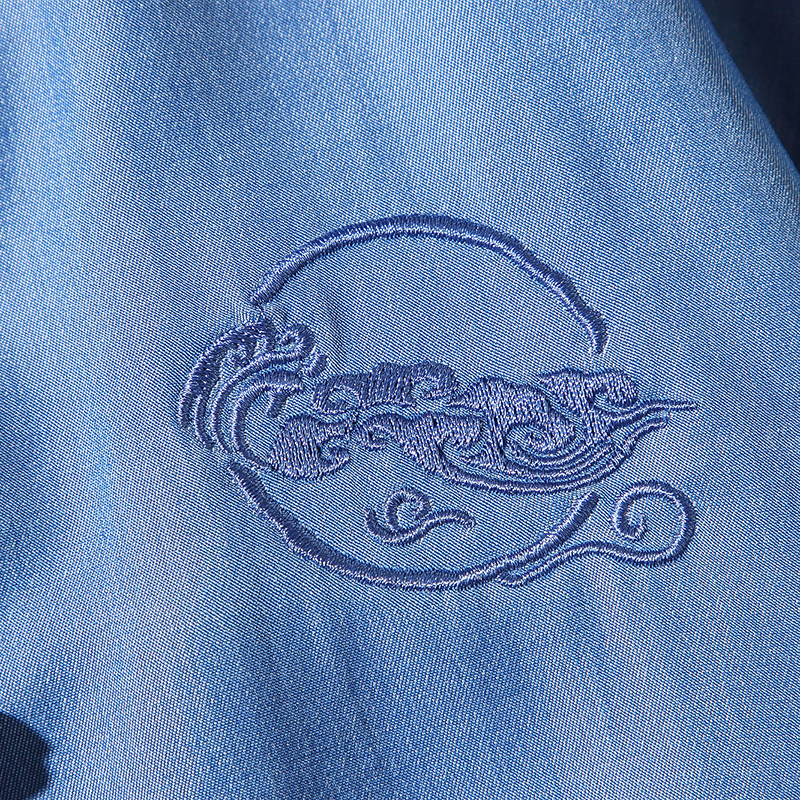 云纹绣花无梦梦记中国国风男夏天丝牛仔盘扣衬衫