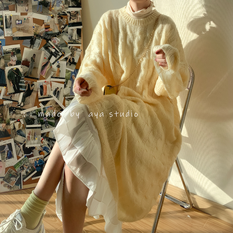 日系宽松大版毛衣女套头春装慵懒风长裙过膝粗毛线外穿长款连衣裙