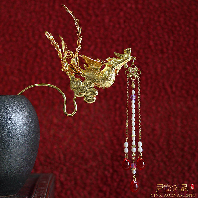 尹霞汉服头饰纯铜明清手工錾刻偏凤立体凤凰发饰