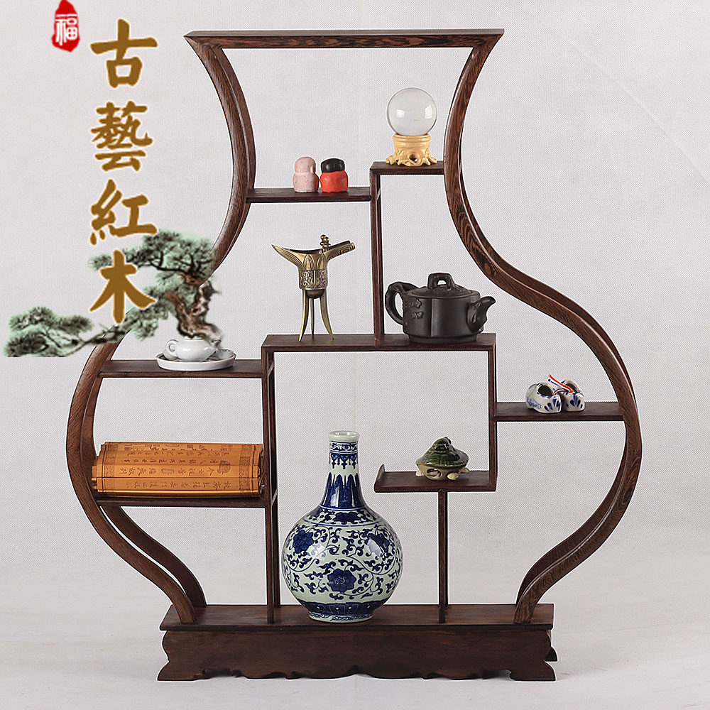 红木鸡翅木实木花瓶形大茶壶多宝架格古典摆件木雕