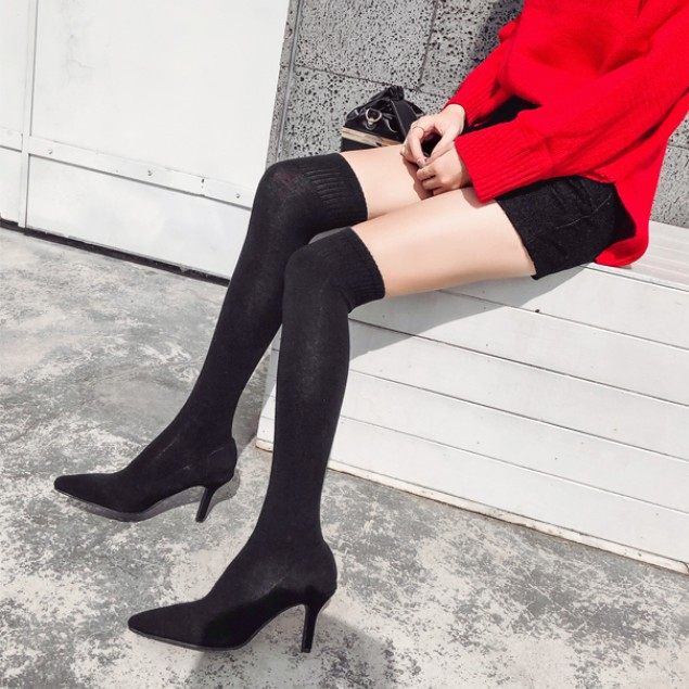 大腿靴弹力鞋女2019新款长尖头袜子靴高跟短靴细跟瘦瘦靴丝袜长靴