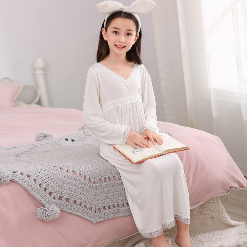 加长女童睡裙春夏季长袖儿童莫代尔宝宝睡衣中大家居裙