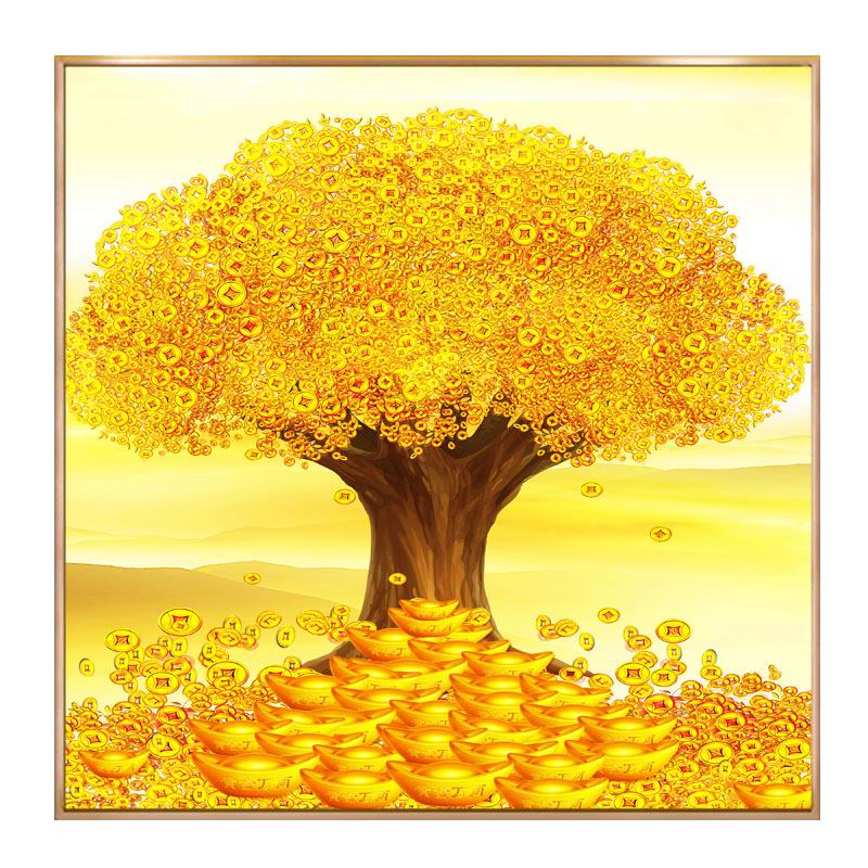 瓷画镶钻防水金色摇钱树风水客厅玄关办公招财进宝现代装饰画