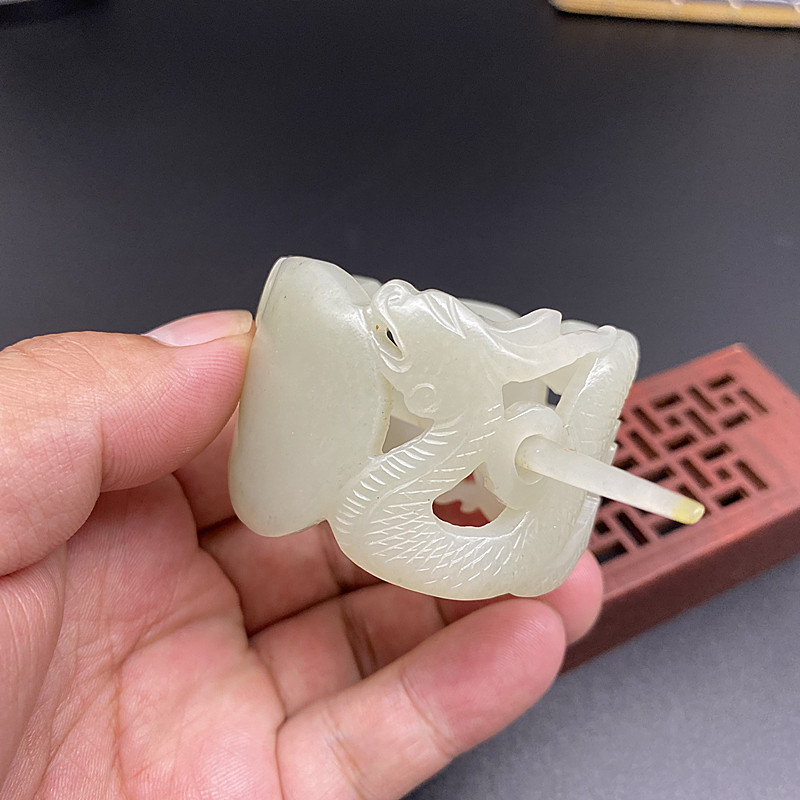 和田汉服古风帽冠孤品发饰龙发饰玉青镂空冠帽其他