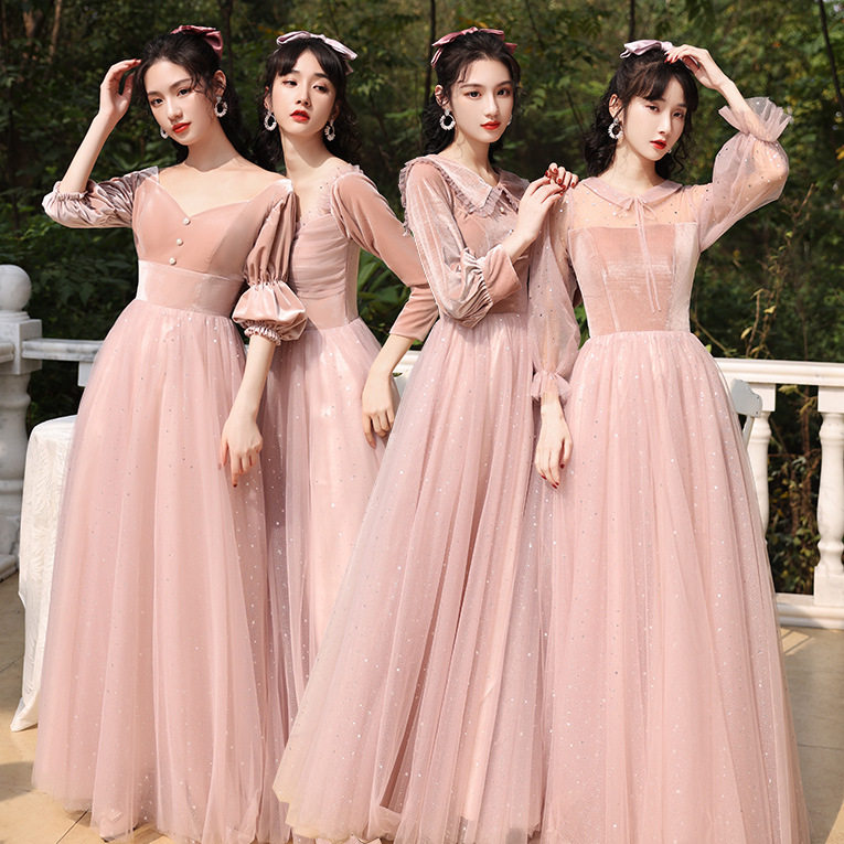 伴娘2021秋冬新款粉色星空姐妹闺蜜礼服女大礼服