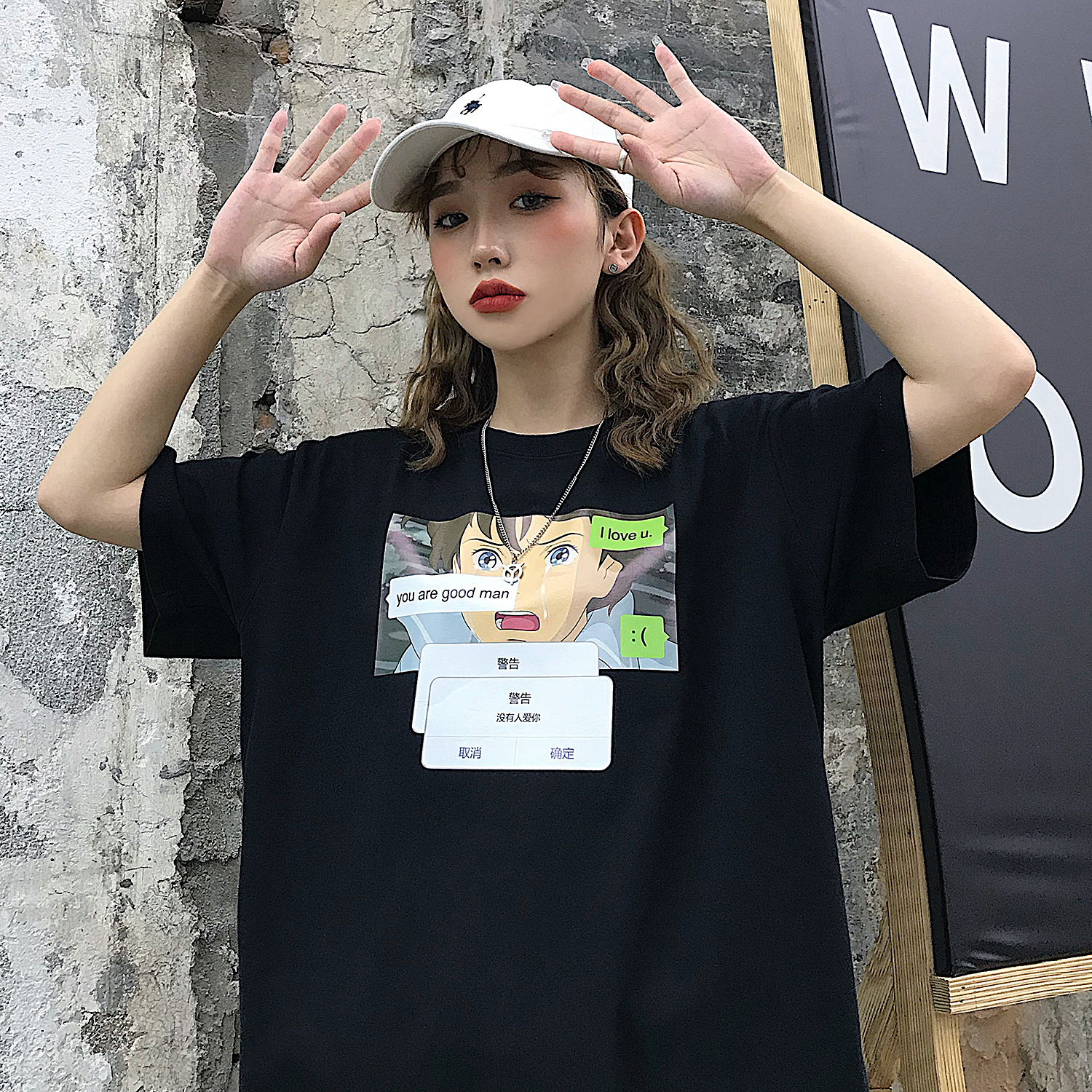 韩国同款复古恶搞动漫对话框印花短袖T恤街头嘻哈潮牌男女款