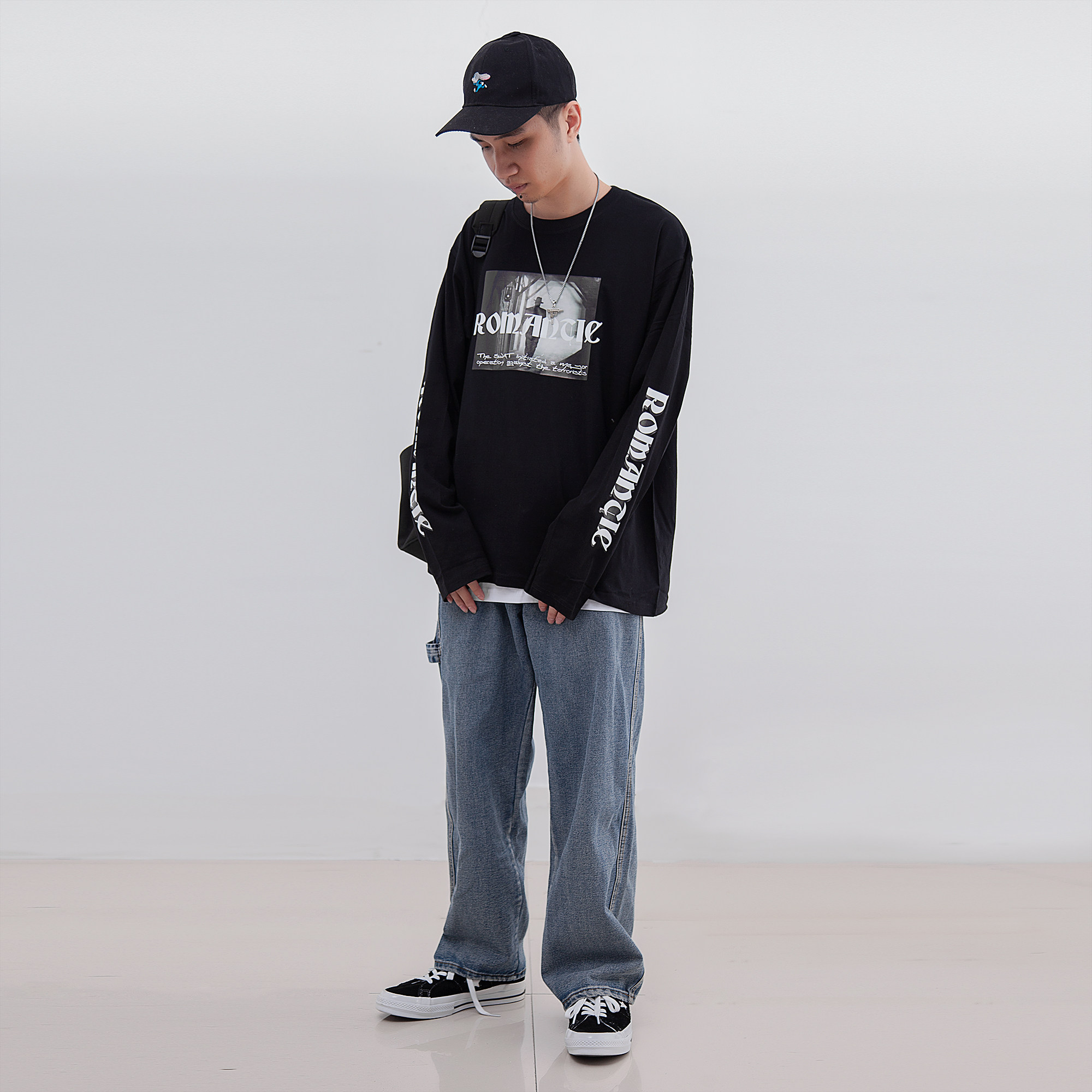 美式街头男女同款图案字母嘻哈宽松oversize学生情侣纯棉长袖t恤