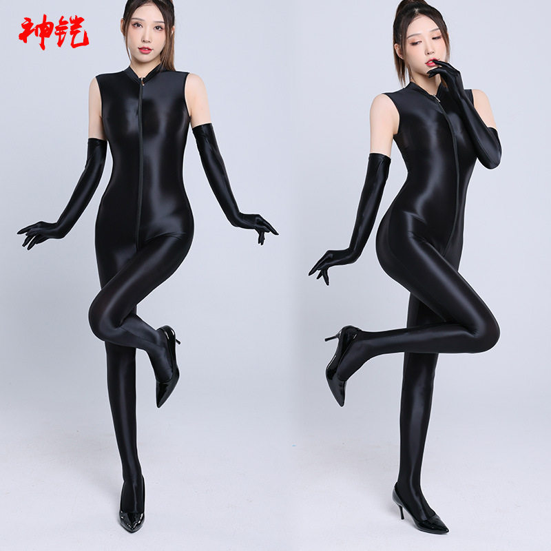 小怪兽战袍鲍鱼无袖光泽高弹油亮紧身连体拉链塑身连体衣