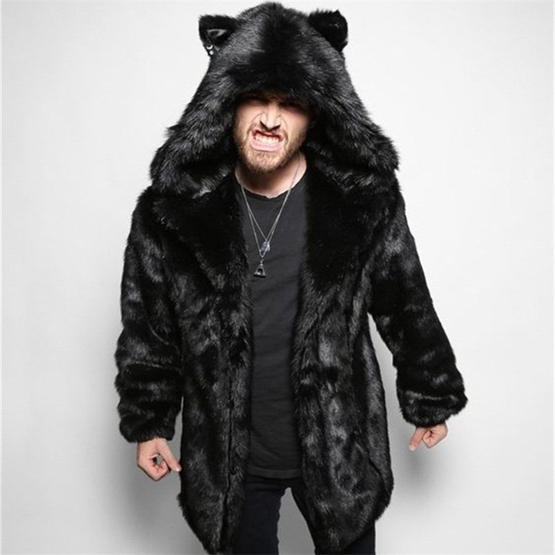 2022新款欧美皮草男士狼头连帽外套仿貂皮皮衣个性街头中长款大衣