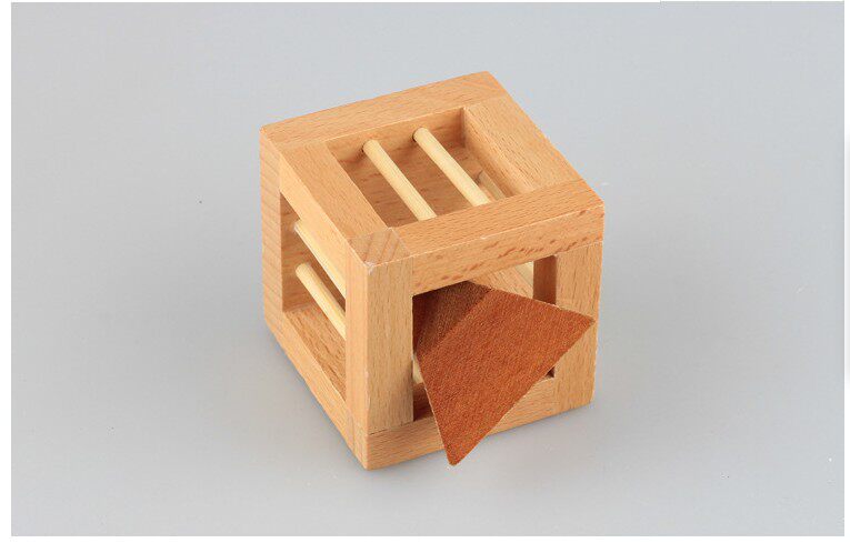 笼中取钻孔明锁三角木制智力力解玩具休闲解压解锁