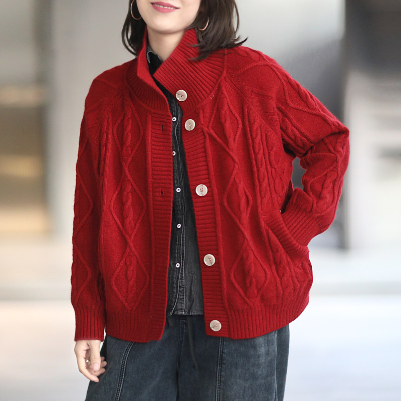 晓说韩版复古休闲宽松松显麻花高领毛衣开衫毛衣