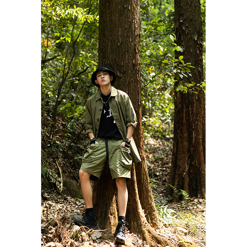 SURGE  灰绿色立体大口袋户外短裤夏季休闲宽松松紧