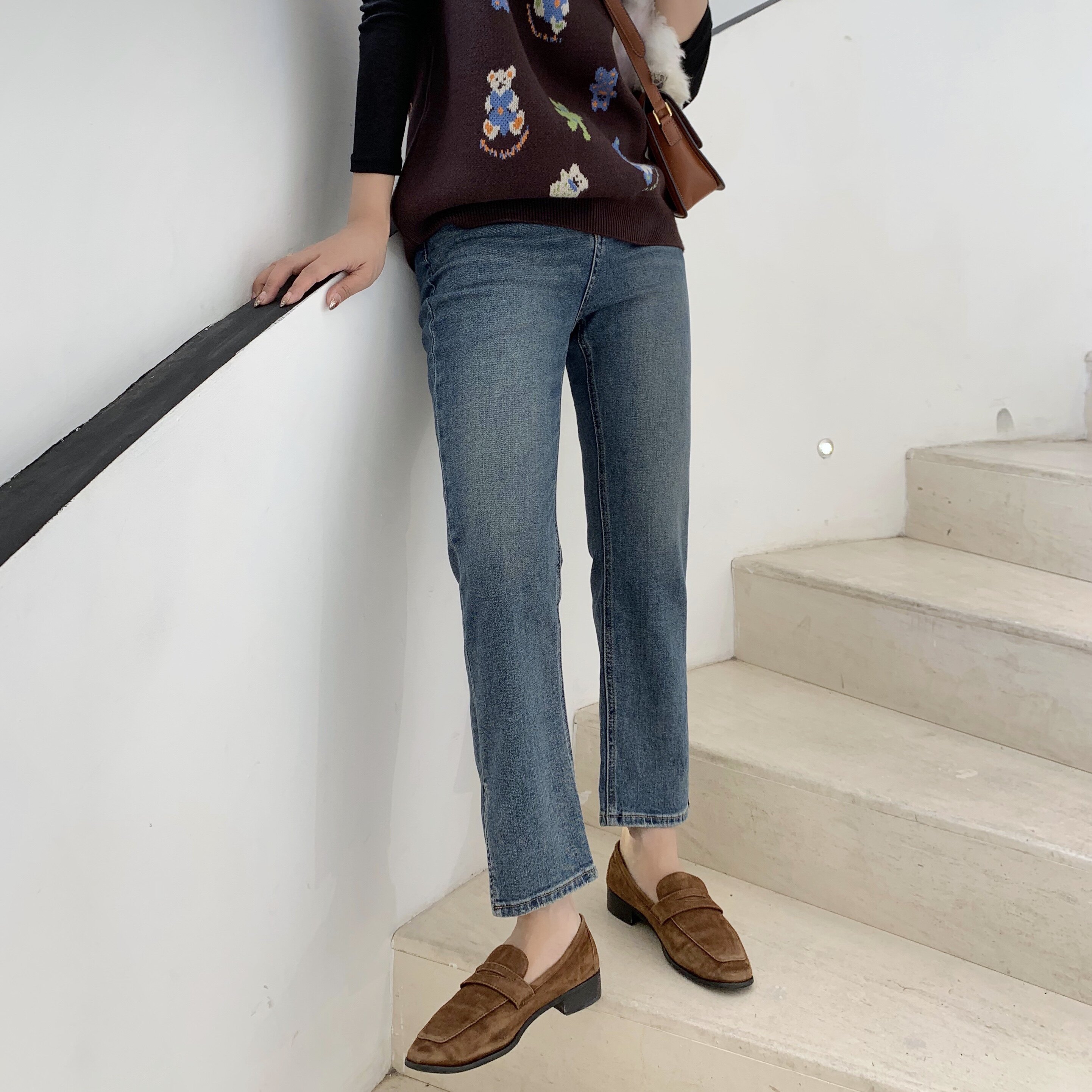 wuli老丢侧开牛仔裤微喇弹力九分高腰修身直筒牛仔裤