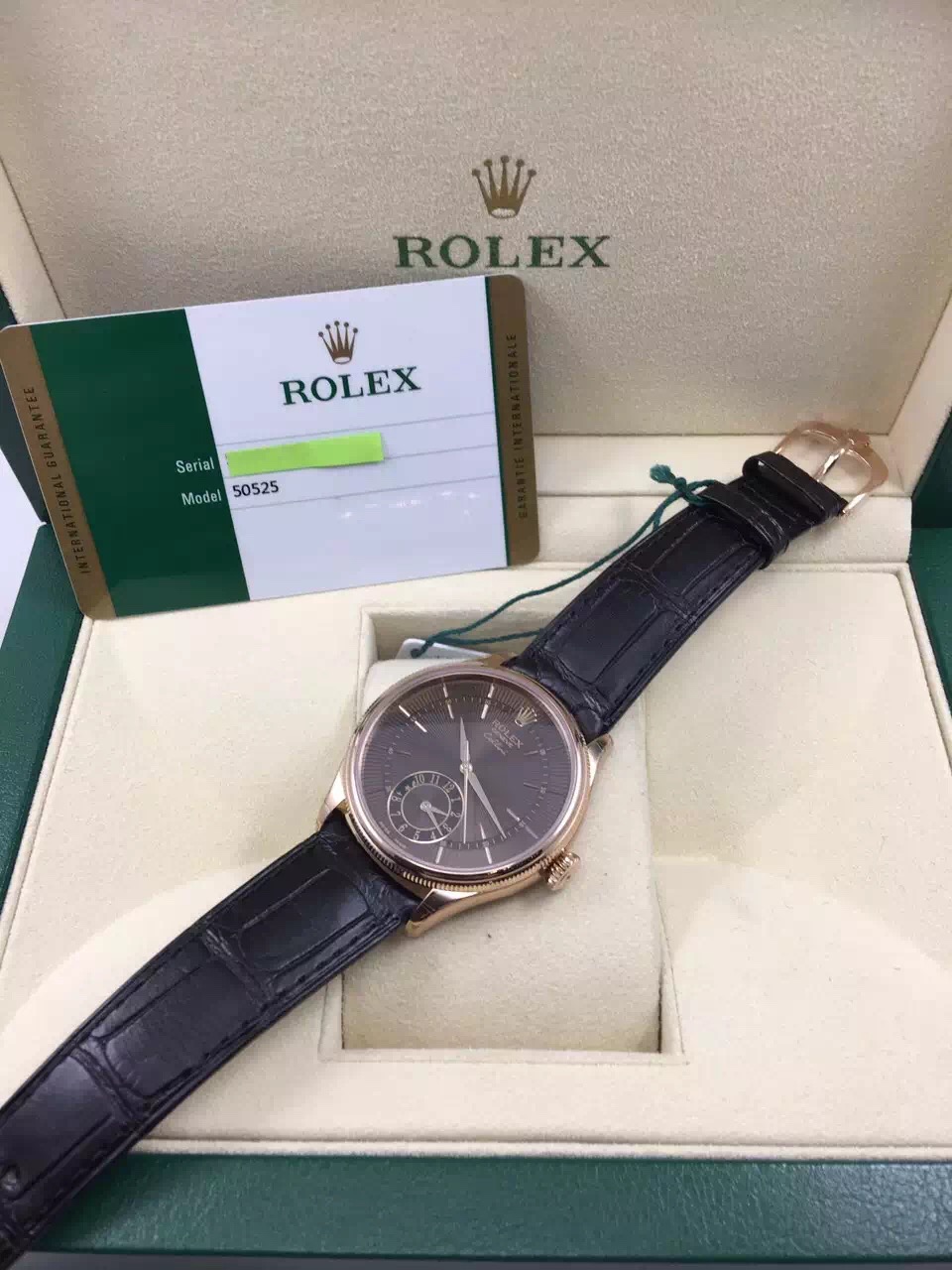正品 劳力士切利尼50525玫瑰金机械男表咖面 可陪同验货