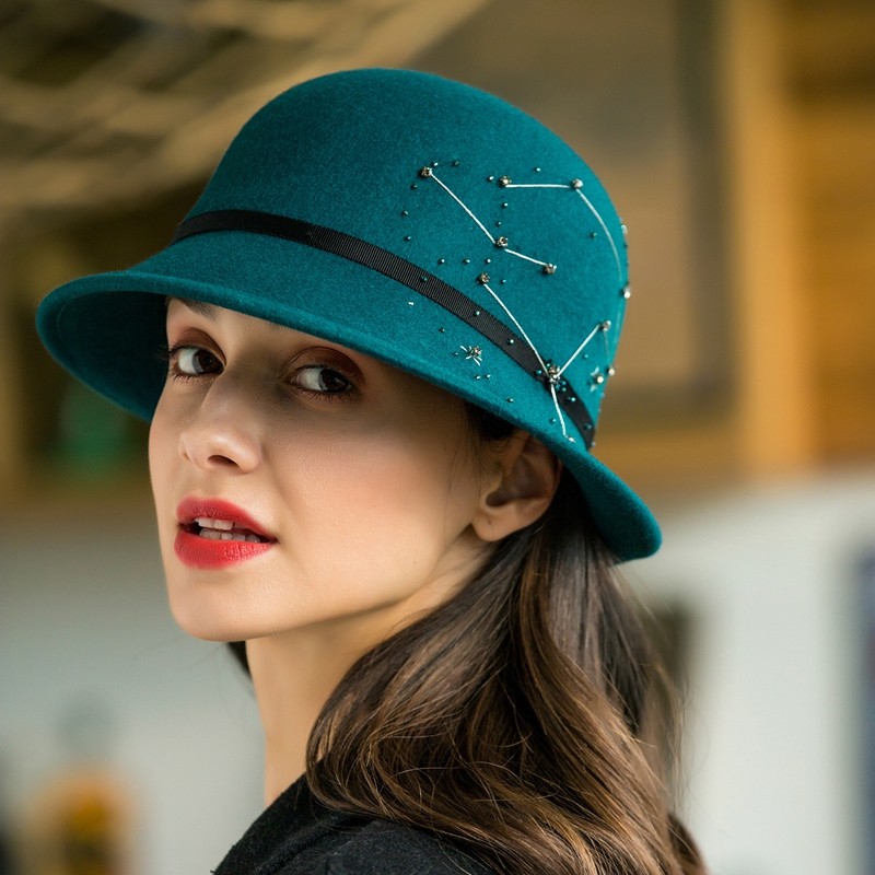 2019女秋冬季小礼帽英伦风帽子绚丽星空澳洲羊毛毡帽帽子