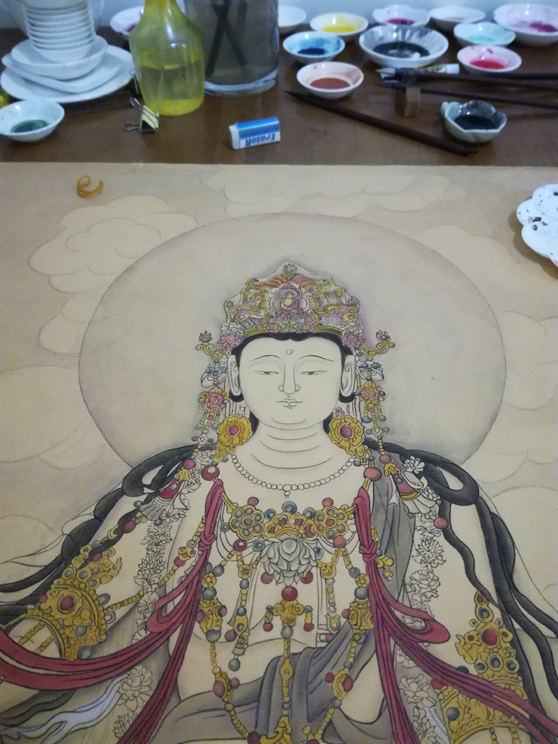 精品国画佛像菩萨宋代工笔水月观音挂画手绘复制品国画