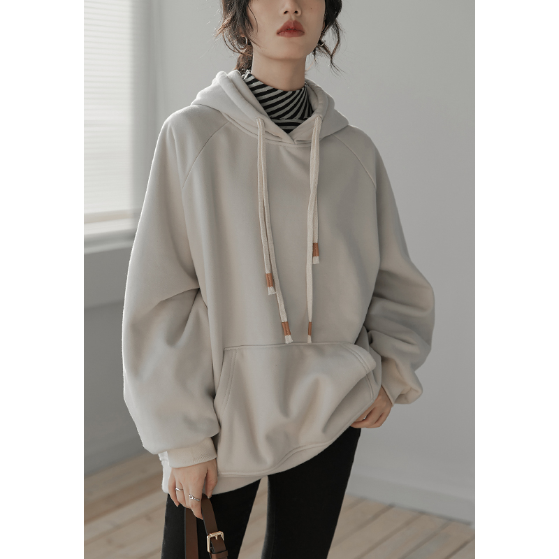 1313连帽抽绳加绒加厚宽松帽衫2022新款女春中长oversize卫衣外套