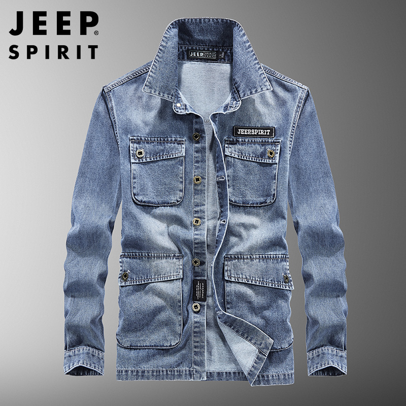 JEEP吉普牛仔衬衫外套男长袖设计感小众春秋款工装休闲宽松衬衣潮