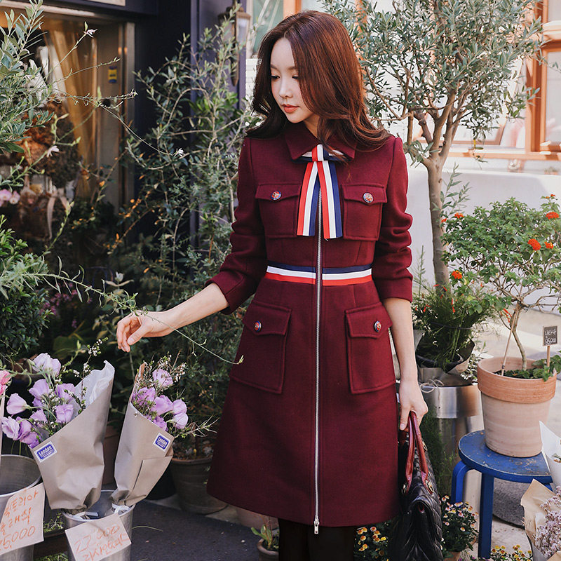 粉红大布娃娃冬装新款女时尚淑女修身蝴蝶结中长款大衣毛呢外套女