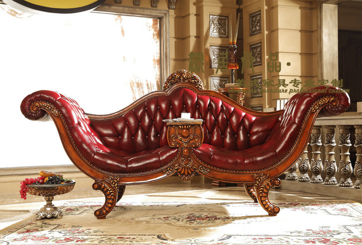 美式实木贵妃美人真皮复古雕花别墅高端客厅贵妃椅