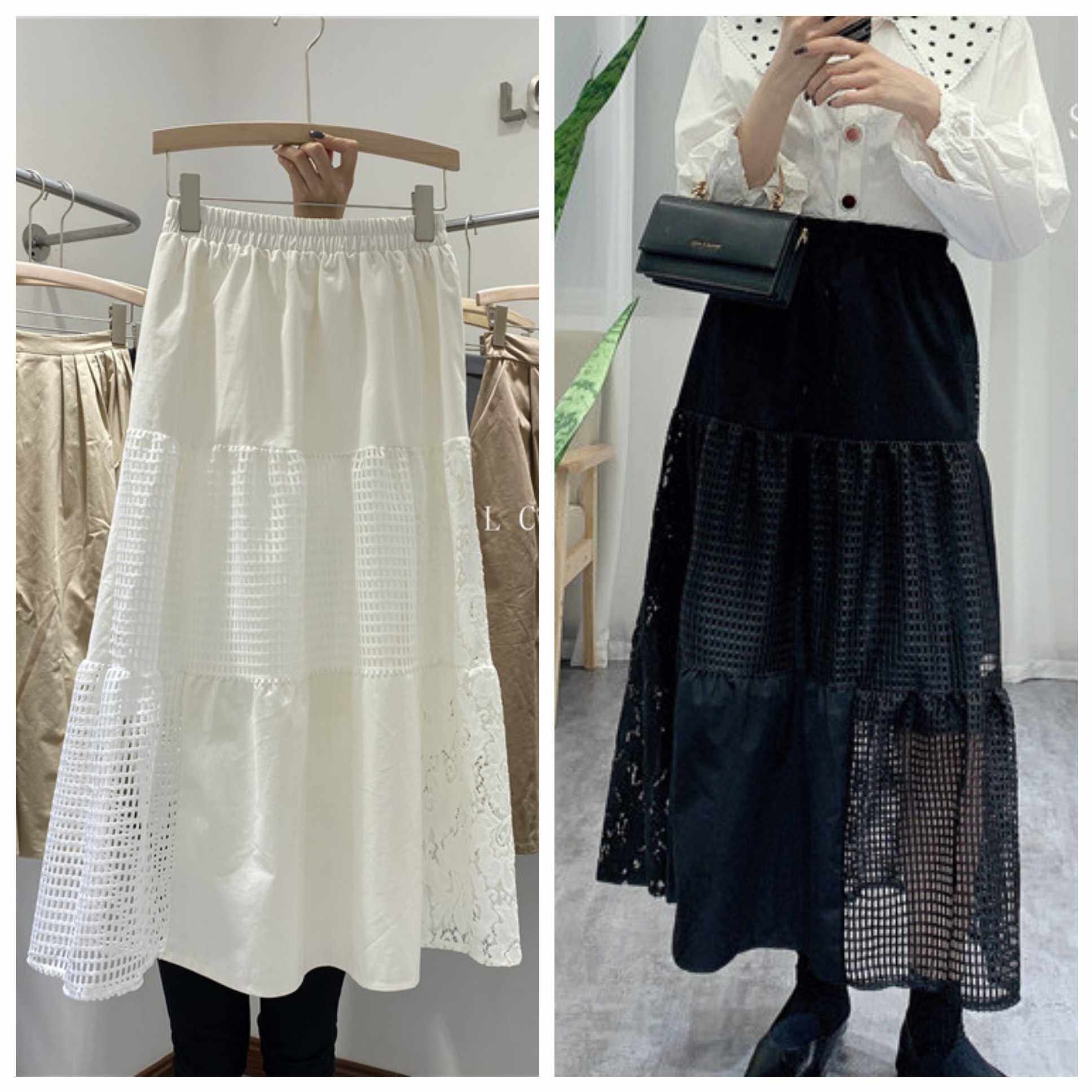 三节镂空拼接半身优雅女人味秋冬松紧中长大摆半身裙