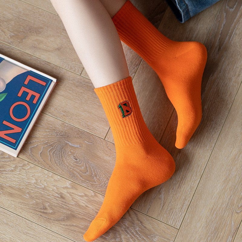 袜子橙色女士全棉长筒ins潮流男女短袜