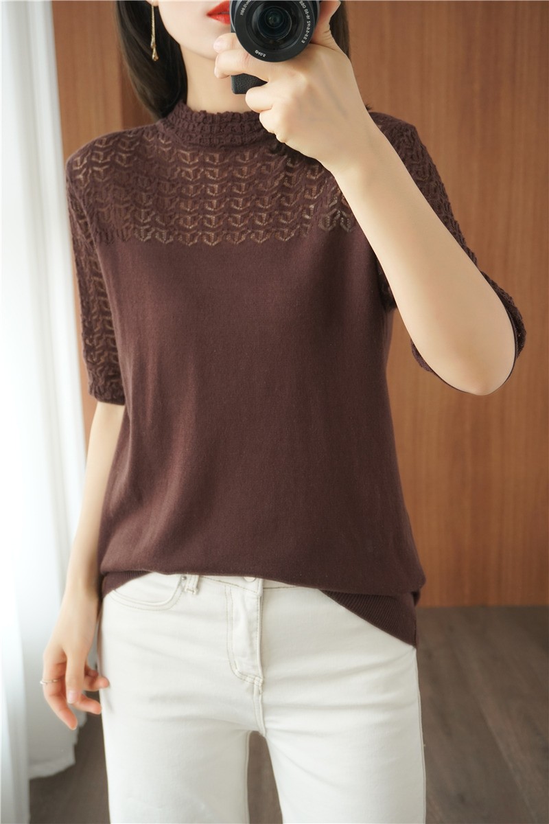 针织衫宽松设计夏设计上衣棉麻高领短袖半高亚麻t恤