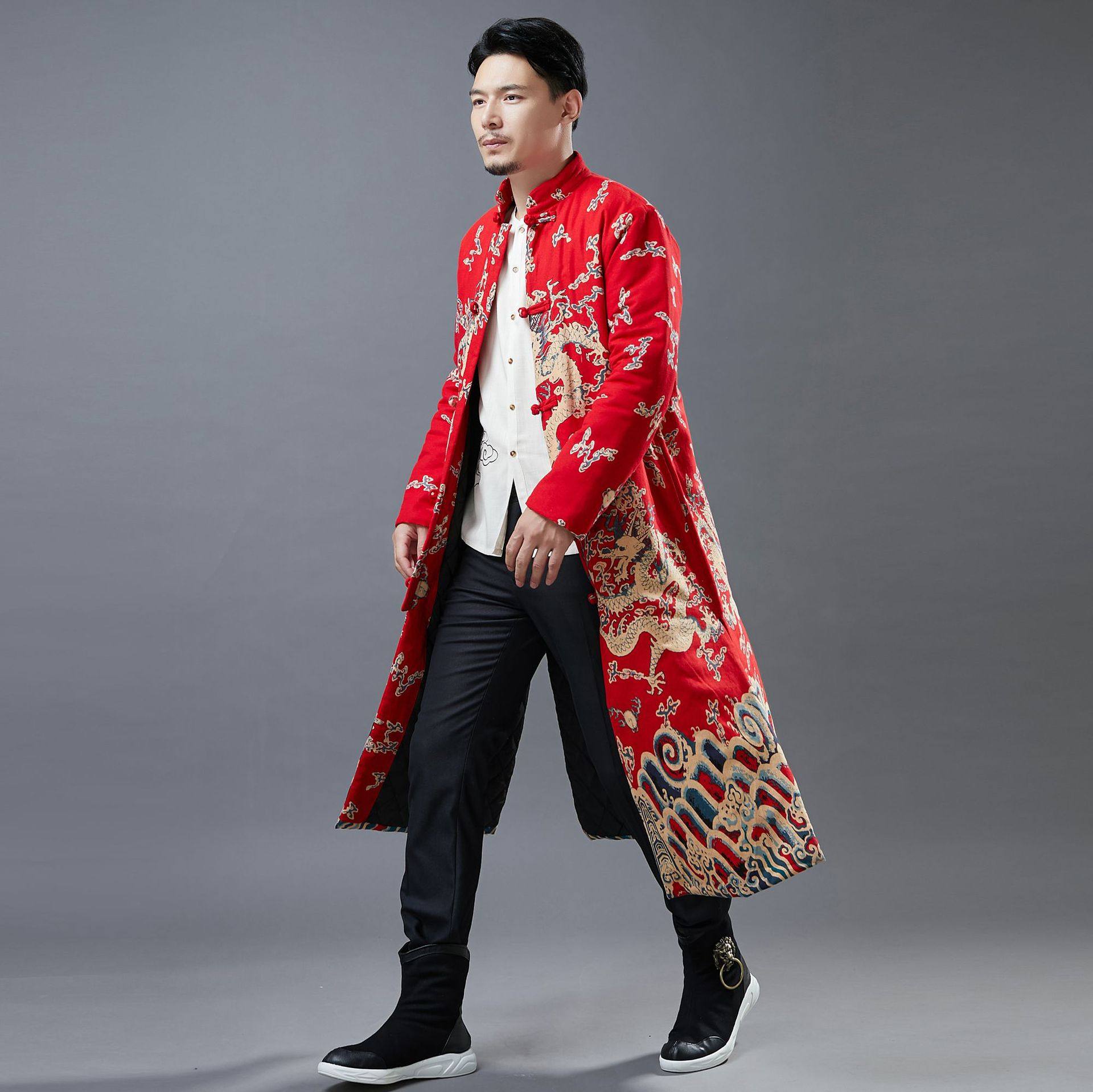 2020年冬季新款中国国风棉衣男士龙纹印花盘扣棉衣