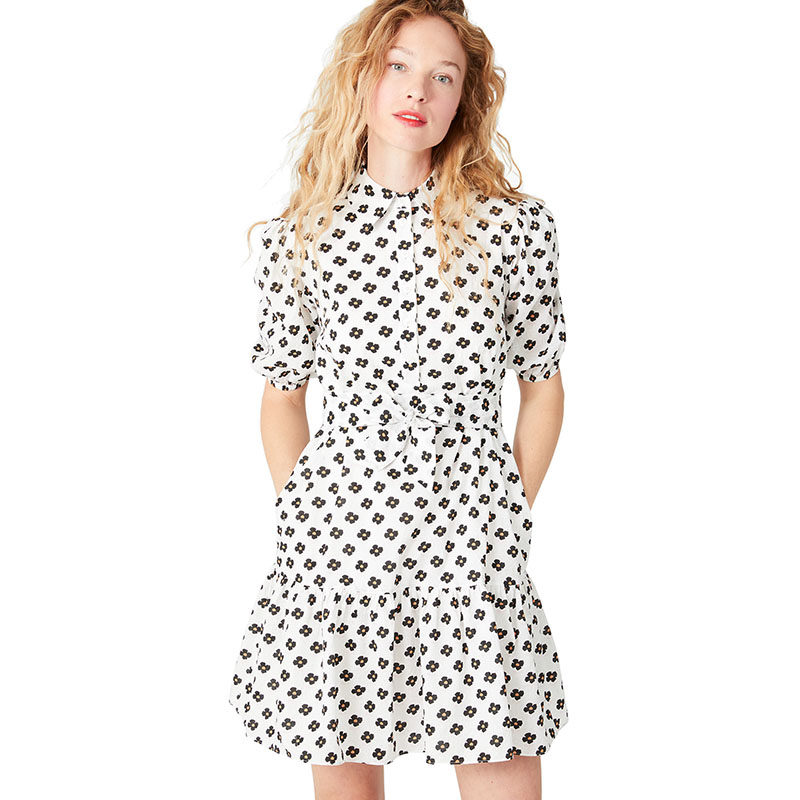 katespade块状花卉白底衬衫熔岩流红遮宫廷连衣裙连衣裙