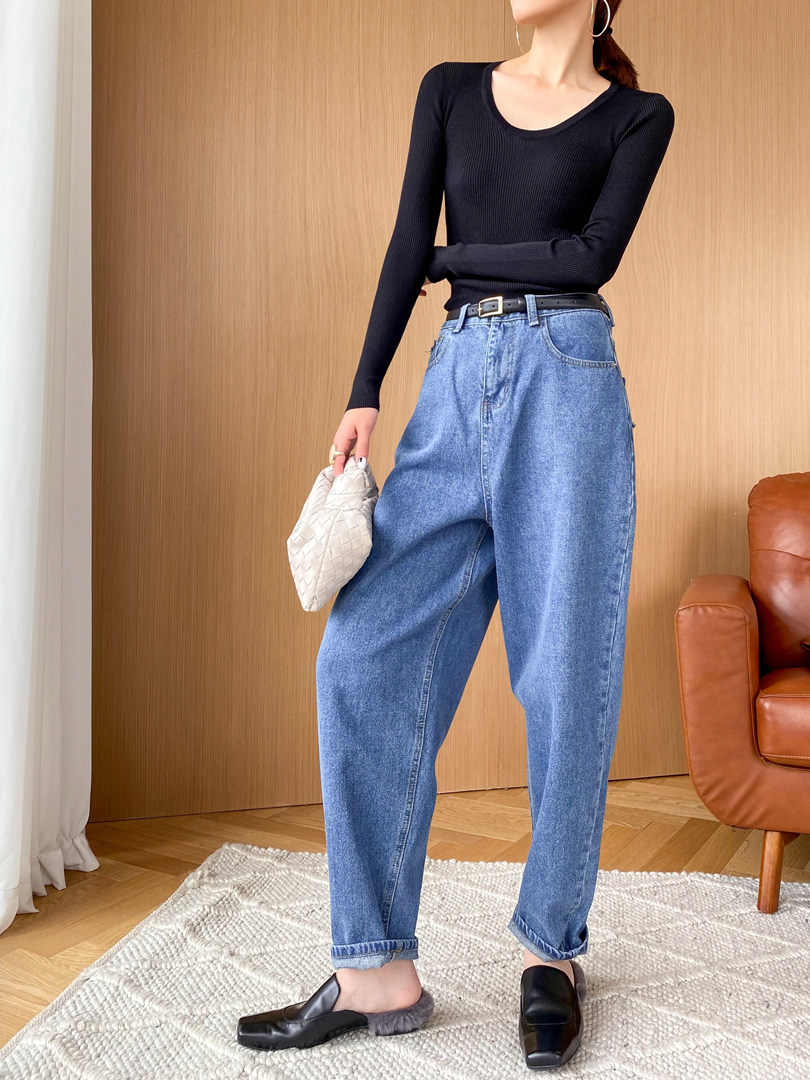 lin高个子牛仔裤2021年新款宽松加长老爹裤女哈伦牛仔裤