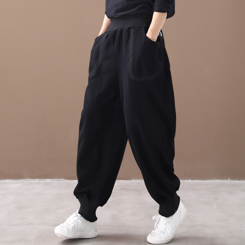 物格 秋装新款韩版宽松大码文艺拼口袋收脚百搭显瘦休闲裤卫裤女