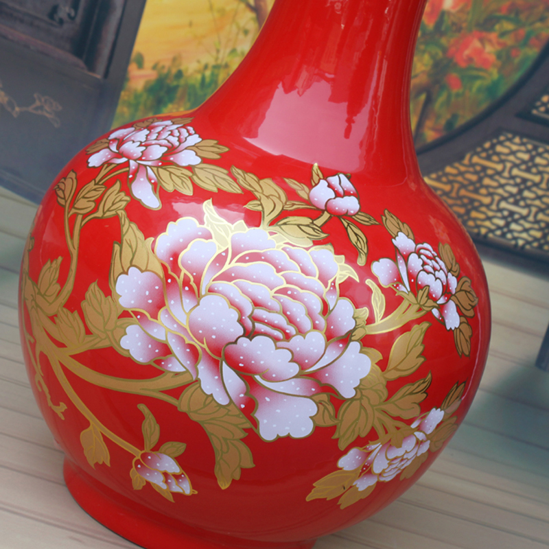 景德镇陶瓷红色花瓶摆件客厅插花大号落地牡丹赏瓶花瓶