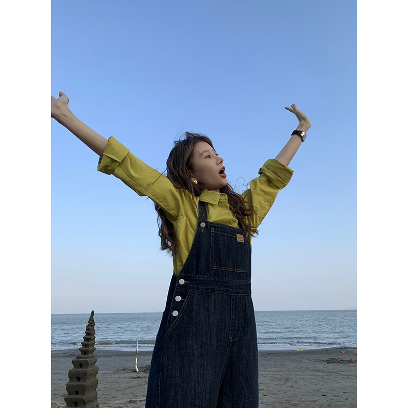 EKOOL定制 减龄高腰阔腿牛仔背带裤女春季新款宽松直筒牛仔长裤子