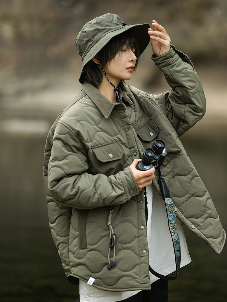 山系户外翻领葫芦格棉服秋冬加棉外套男多口袋工装复古休闲宽松潮