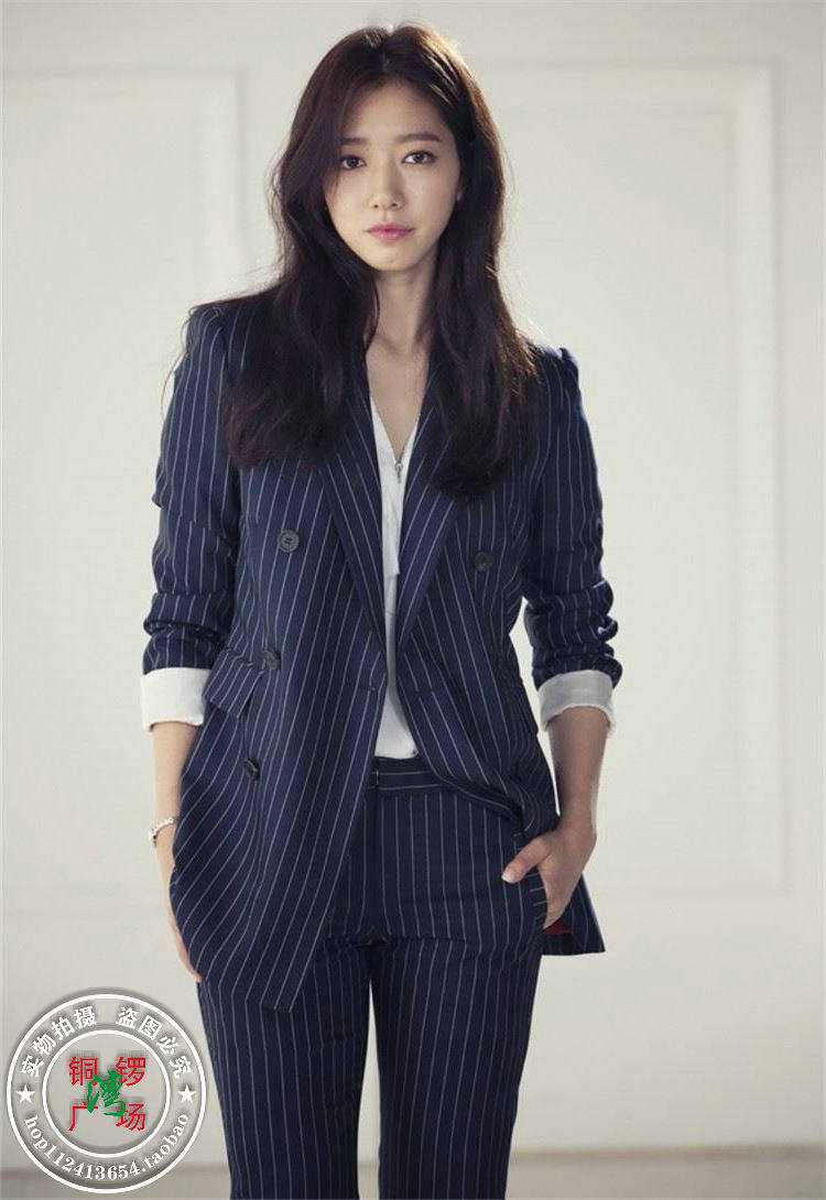 新春秋新款朴信惠明星同款赵微韩版条纹西装外套九分裤西服套装女
