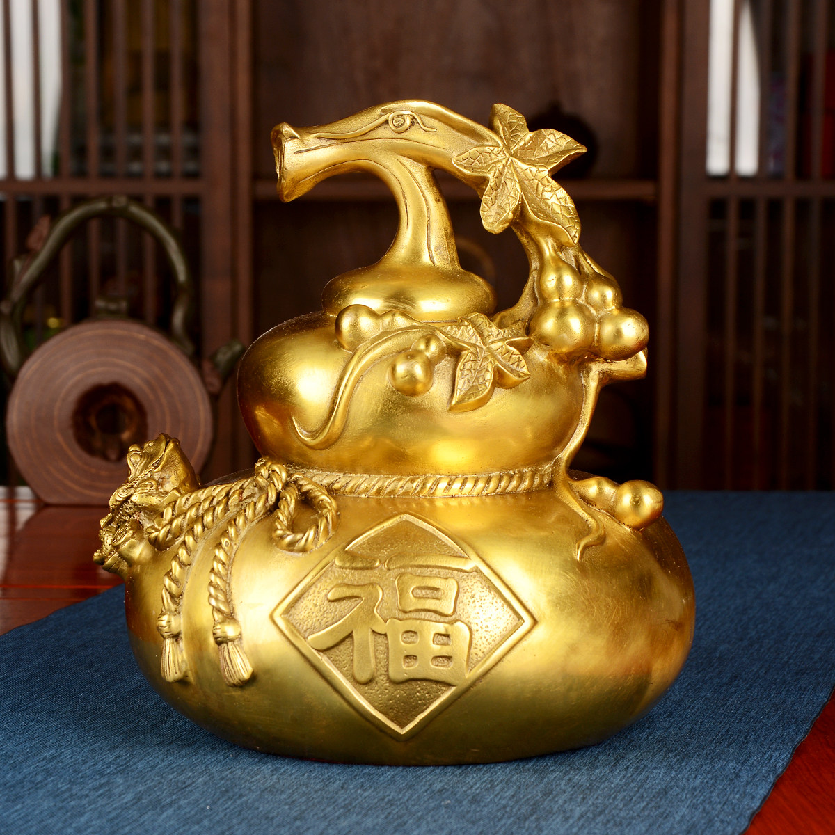 葫芦摆件泰山送福阁铜金双面福字大号摆件