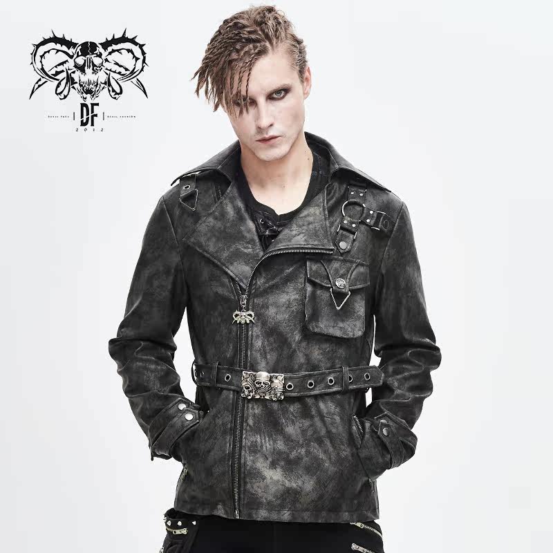 小破家devilfashion恶魔时尚男装蒸汽朋克不对称刷漆漆皮夹克