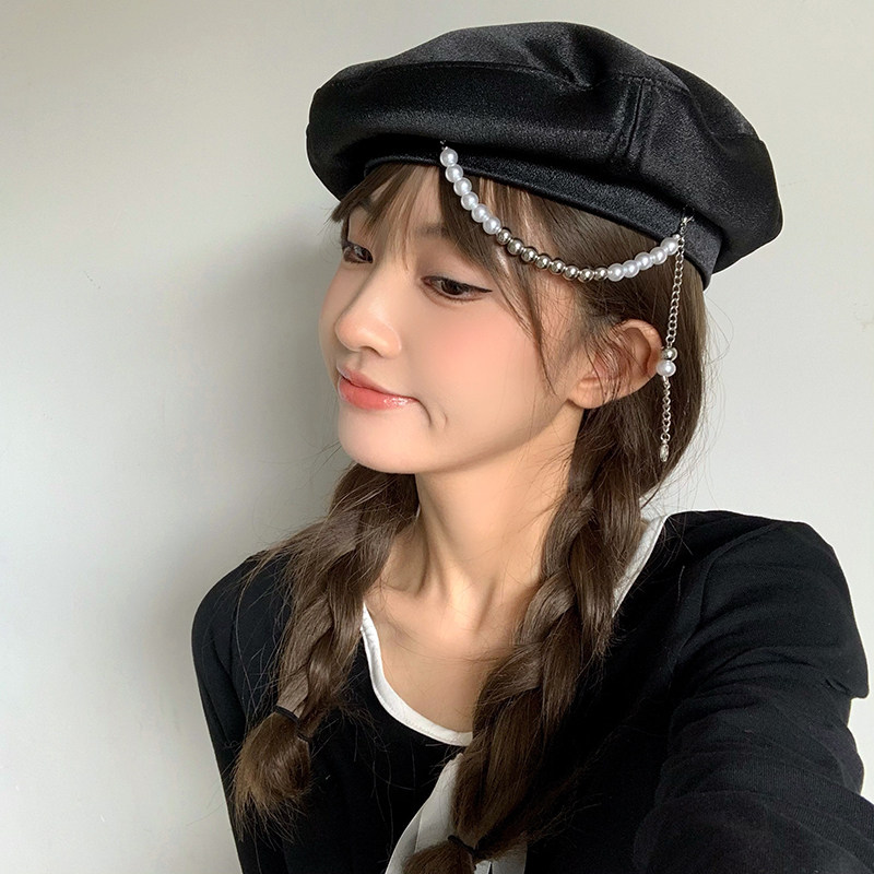 wn韩国时髦链条珍珠贝雷帽女日网红春秋薄款帽子