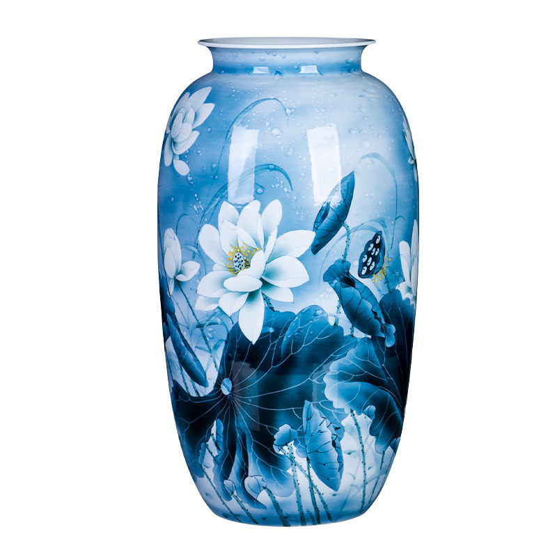 景德镇陶瓷器青花瓷手绘大号荷花花瓶中式家居客厅花瓶
