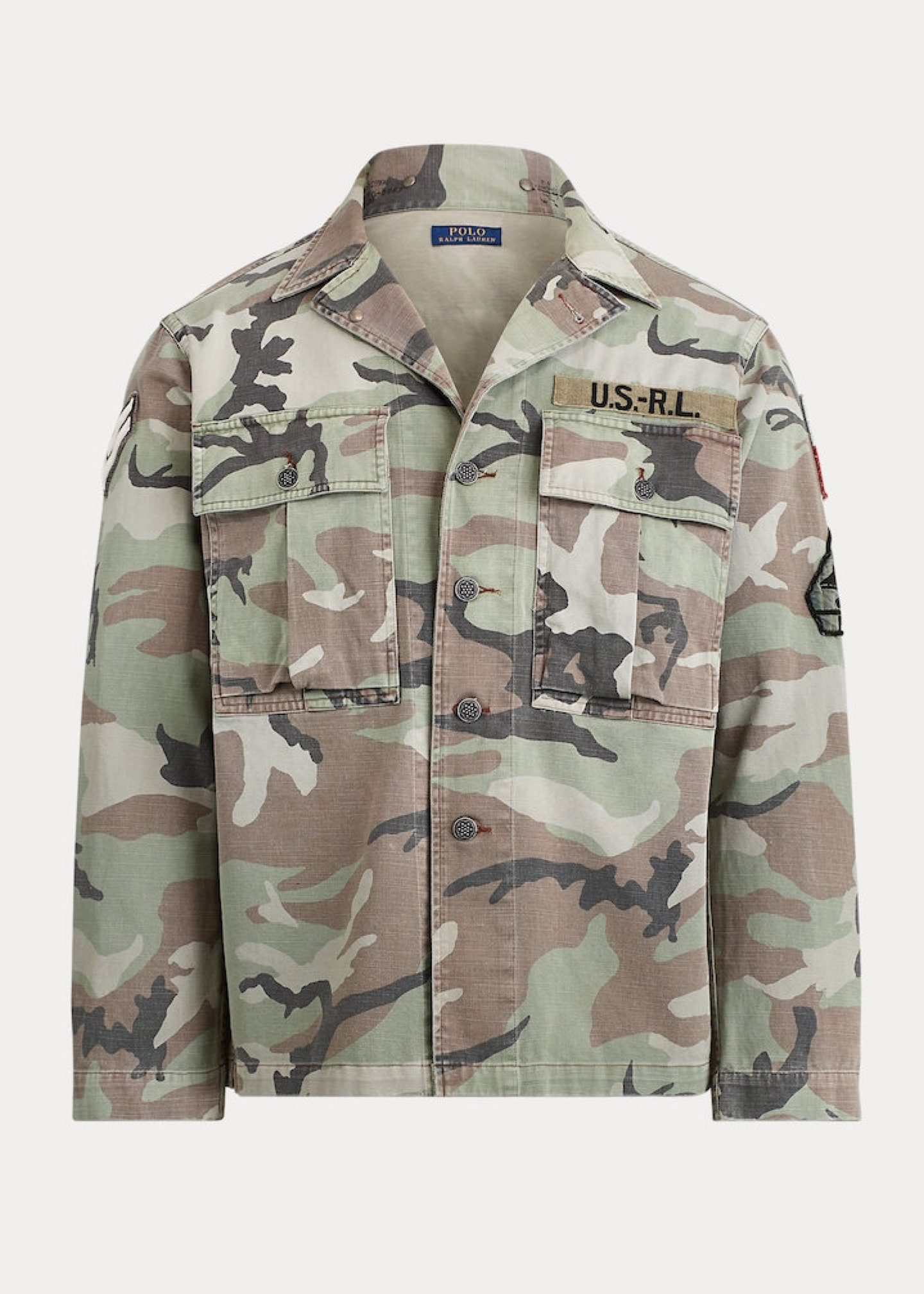现货Polo RL复古迷彩水洗军事风徽章老虎人字纹工装夹克外套RRL
