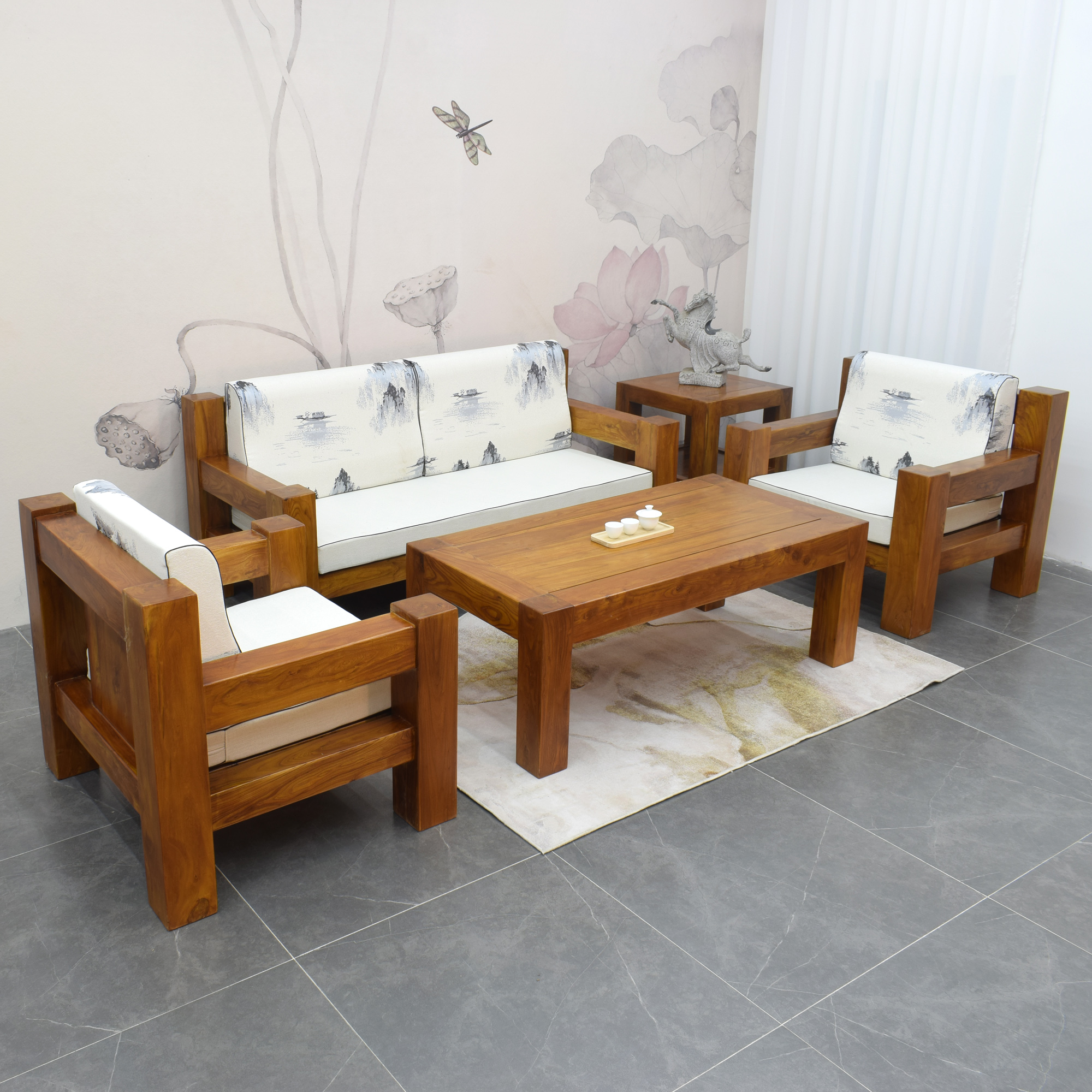 北方原木组合客厅民宿会所免漆现代中式新中式实木沙发