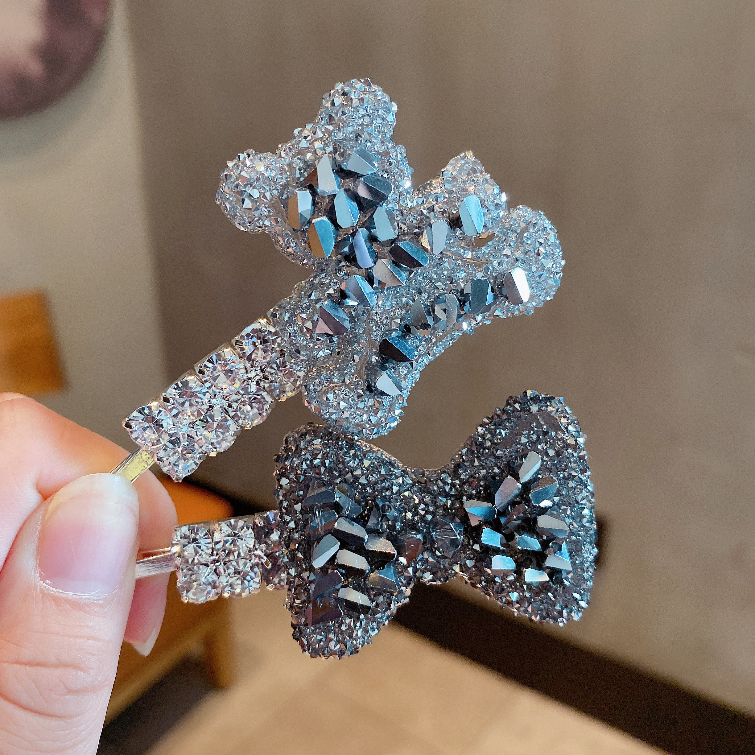 发夹一字韩国东大门重工水钻水晶锆石小熊蝴蝶结发饰