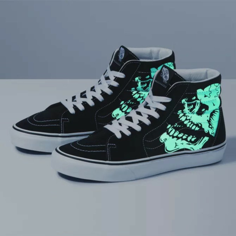 正品vanssk8-higlow-in-the-darkskulls夜光骷髅头男女板运动休闲鞋