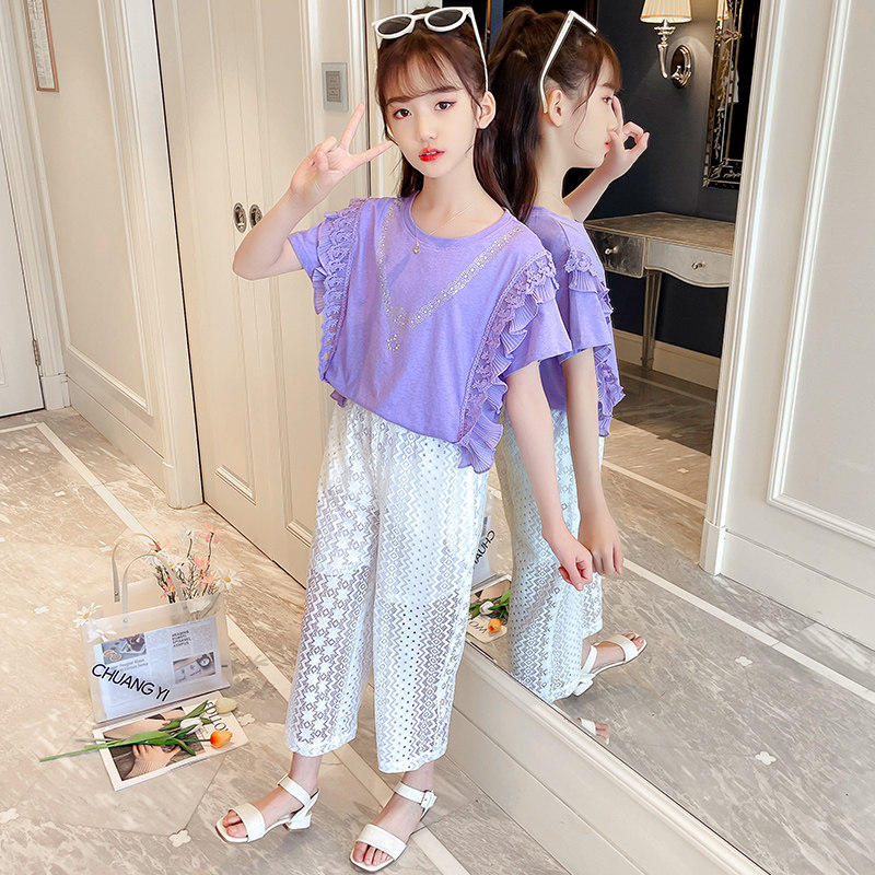 一米两件阔腿衣服短袖时尚女孩子二三小学生六年级套装