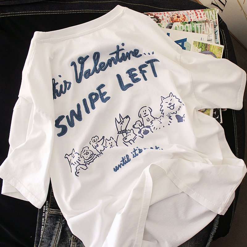 纸袋正品aimeewq纯棉水洗前后刺绣字母21刺绣宽松纯棉白包臀半袖T