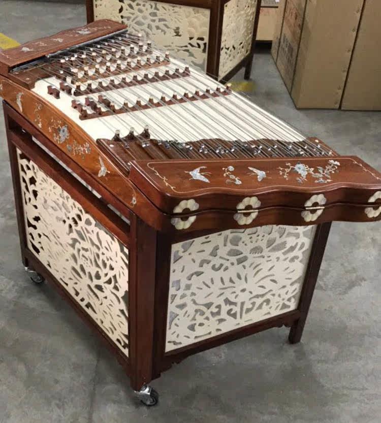 北京粤华天坛402扬琴鸡翅木弯边贝雕带压弦档扬琴带琴架琴盒特价