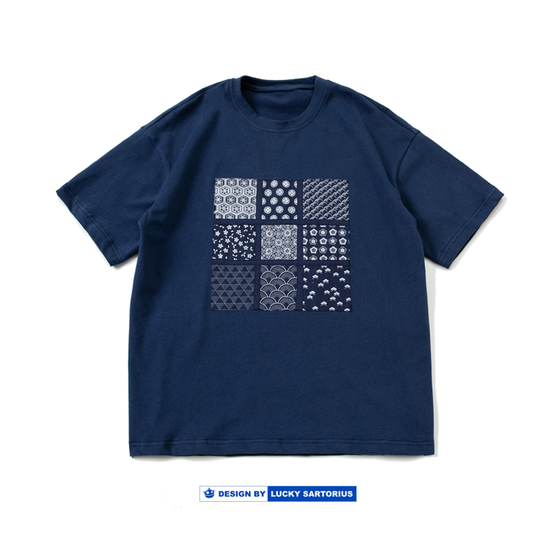 全棉蓝印花布九宫格贴布印花T恤中国民族风半袖青年男士短袖T恤