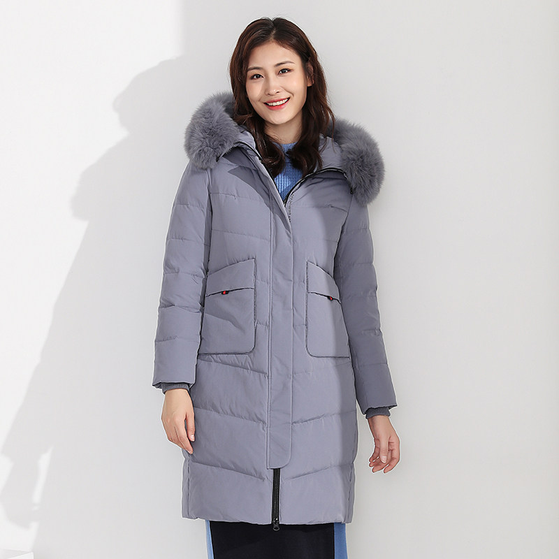 千仞岗2019新品羽绒服女纯色连帽中长款时尚字母拉链口袋女装外套