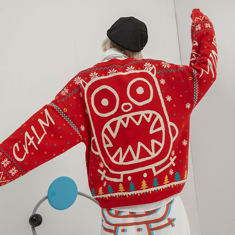 Calmmind 小怪兽圣诞国潮毛衣刺绣新年红色男女潮牌嘻哈情侣装